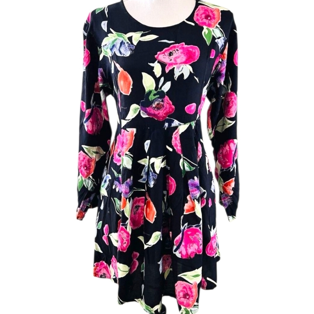 Sacred Threads Floral Print Fit & Flare Mini Dress Tie Back Waist Wide Slvs M/L